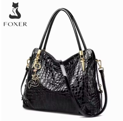FOXER 女士天然牛皮手提包 大容量经典黑色真皮托特包 时尚亮片单肩包