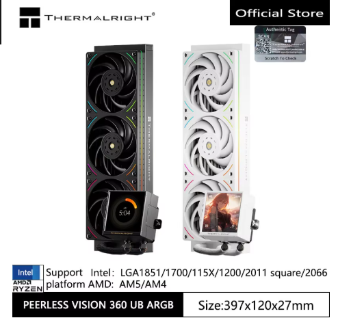 Thermalright PEERLESS VISION UB360 ARGB 一体式水冷散热器，3.95 英寸全屏/集成风扇/支持 LGA1851/AM5